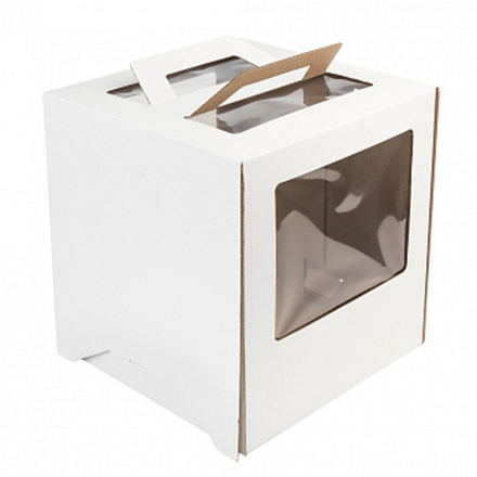 Коробка для торта белая 26*26*28 см, с ручками, окна