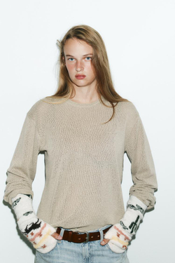 ZARA ТРИКОТАЖНЫЕ МИТЕНКИ С ПРИНТОМ, ЭКРЮ