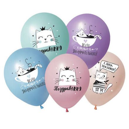 Воздушные шары Весёлый Праздник с рисунком С днем рождения Кошка Мэри, 50 шт. размер 12" #412550