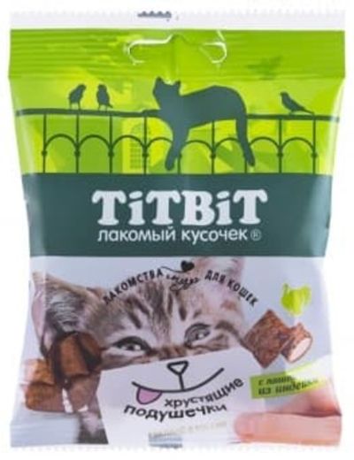 Лакомство для кошек Titbit Хрустящие подушечки с паштетом из индейки, пакет 30г