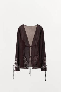 ZARA РУБАШКА ИЗ ЖОРЖЕТА, КРУЖЕВА И ЗАВЯЗОК, ТЕМНО-КОРИЧНЕВЫЙ