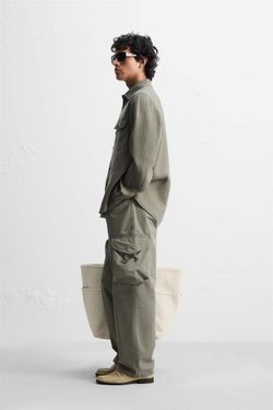 ZARA КУРТКА-РУБАШКА ИЗ 100% ЛЬНА, ТЕМНЫЙ ХАКИ