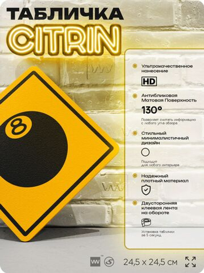 Табличка декоративная "Бильярдный шар №8" на дверь и стену, спортивная, информационная, декоративный знак, 24,5х24,5 см, пластиковая, Айдентика Технолоджи
