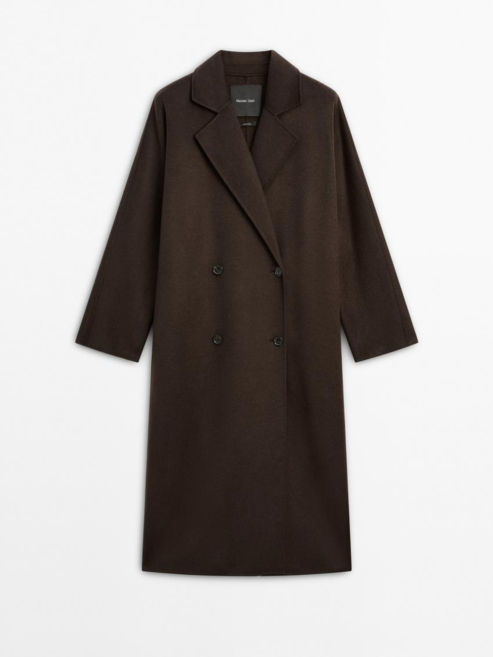 Massimo Dutti Длинное двубортное пальто из смесовой шерсти, шоколадный