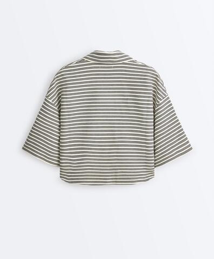 Oysho Футболка поло Relaxed в полоску из смесового хлопка, светлый экрю
