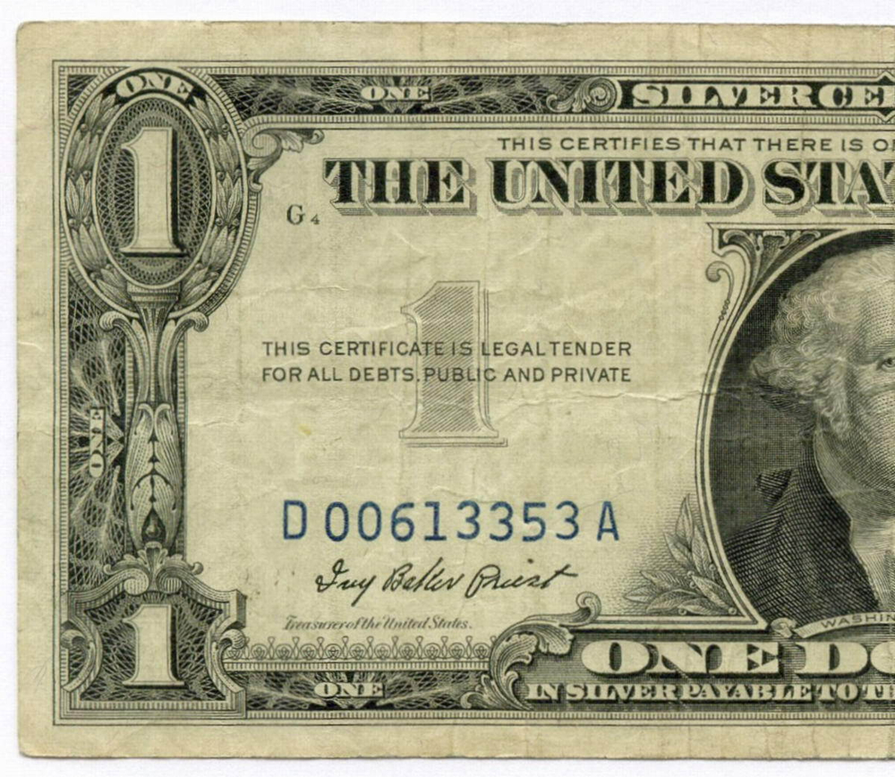 Банкнота США 1 доллар (серебряный сертификат) 1957 D 00613353 A. VF-