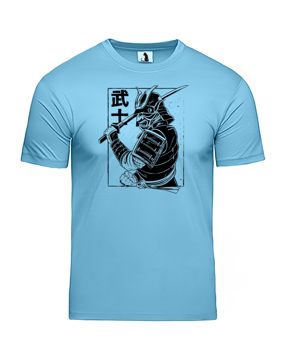 Футболка с самураем мужская голубая с черным рисунком
