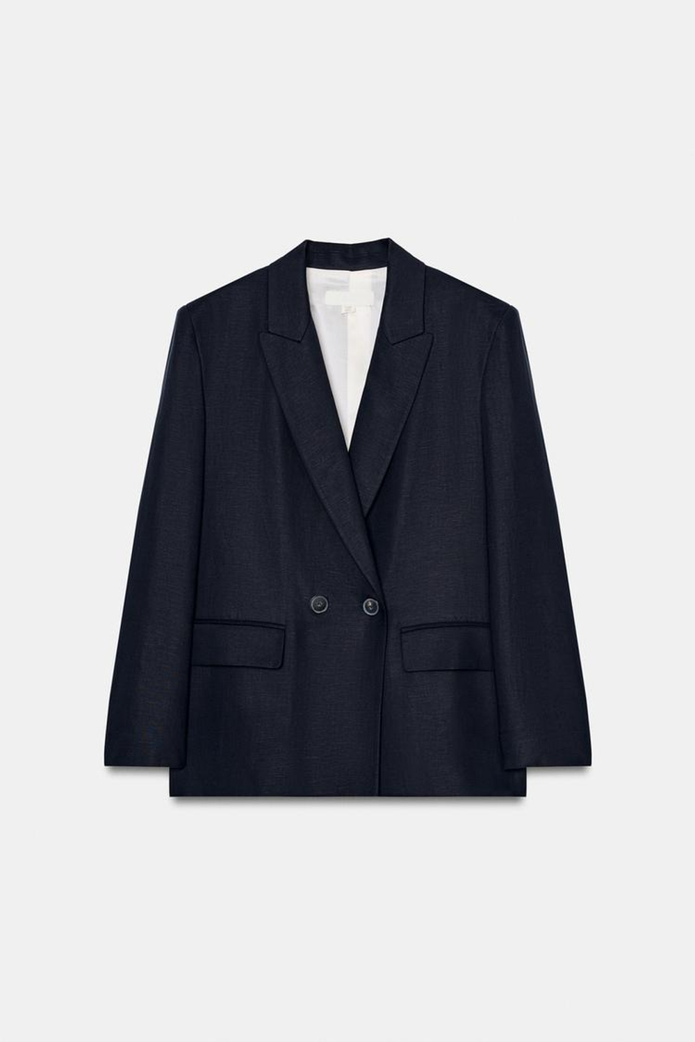 ZARA ДВУБОРТНЫЙ ЛЬНЯНОЙ БЛЕЙЗЕР СО СКАТАННЫМИ РУКАВАМИ, МОРСКОЙ СИНИЙ