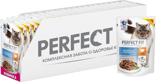 Влажный корм Perfect Fit Hair Skin для красивой шерсти и здоровой кожи кошек, с индейкой в соусе, 28