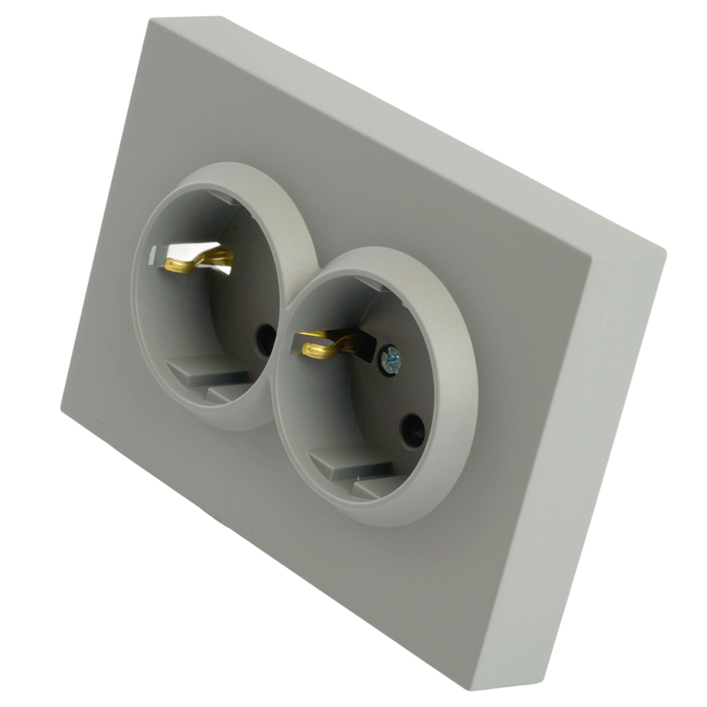 Розетка 2-местная с защитной шторкой, STEKKER, с/з, 250В, 16А, серия Эмили, RST16-5114-10, платиново-серый, soft touch 49960