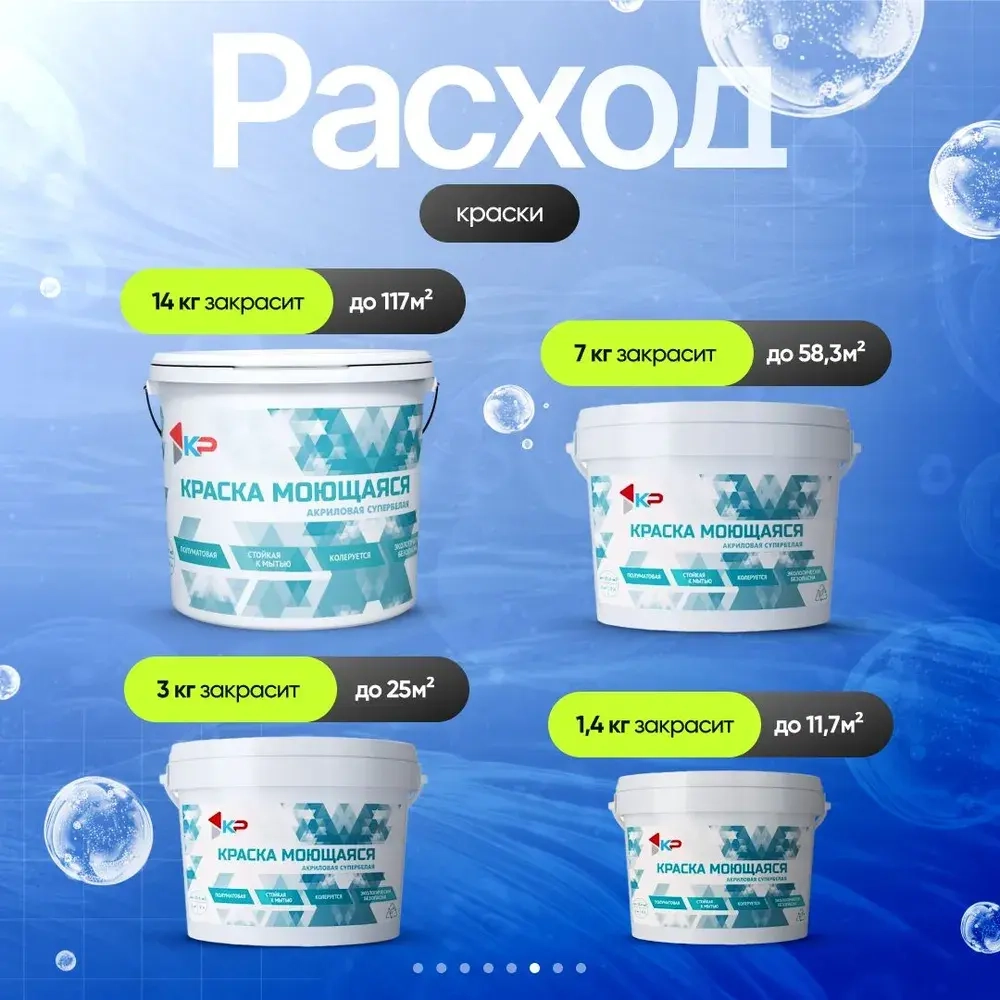 Краска КР моющаяся Быстросохнущая, Акриловая, Полуматовое покрытие, 3 кг, белый / для стен, потолка, обоев, дерева