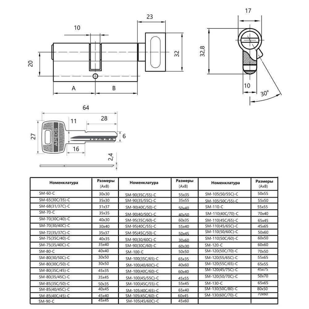 Личинка замка двери Apecs, SM-85(40C/45)-C-NI, 23200, 85 мм, с заверт, никель