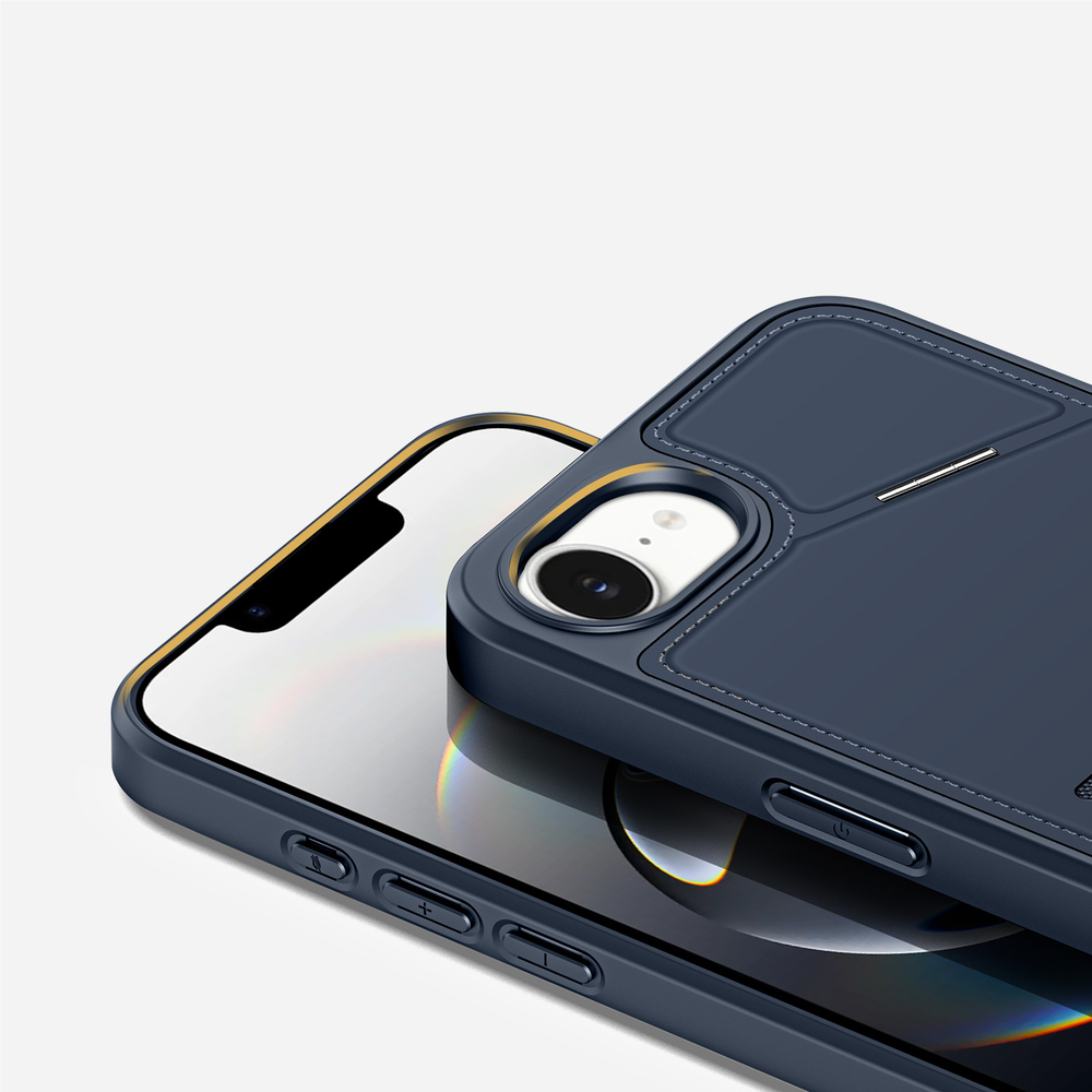 Чехол синего цвета с MagSafe и подставкой-картхолдером от Dux Ducis для iPhone 16e, серия Rafi II Mag Series