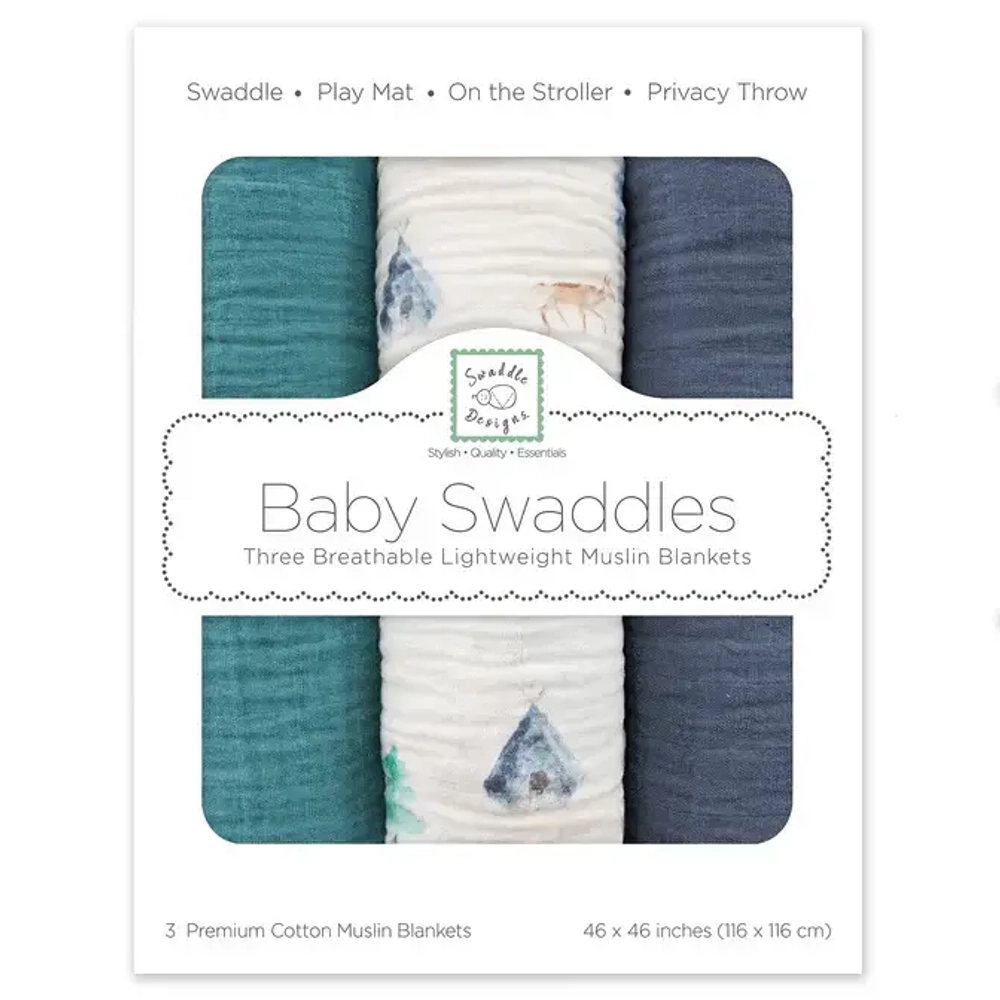 SwaddleDesigns Набор пеленок муслин 3 шт. - set of 3 - Peace in Nature -featuring Watercolor Mountains & Trees