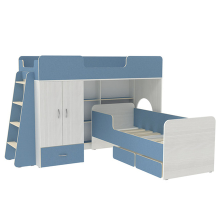 Двухъярусная кровать КарИВи Легенда 3.11 Белое Дерево Светло-синий, голубой