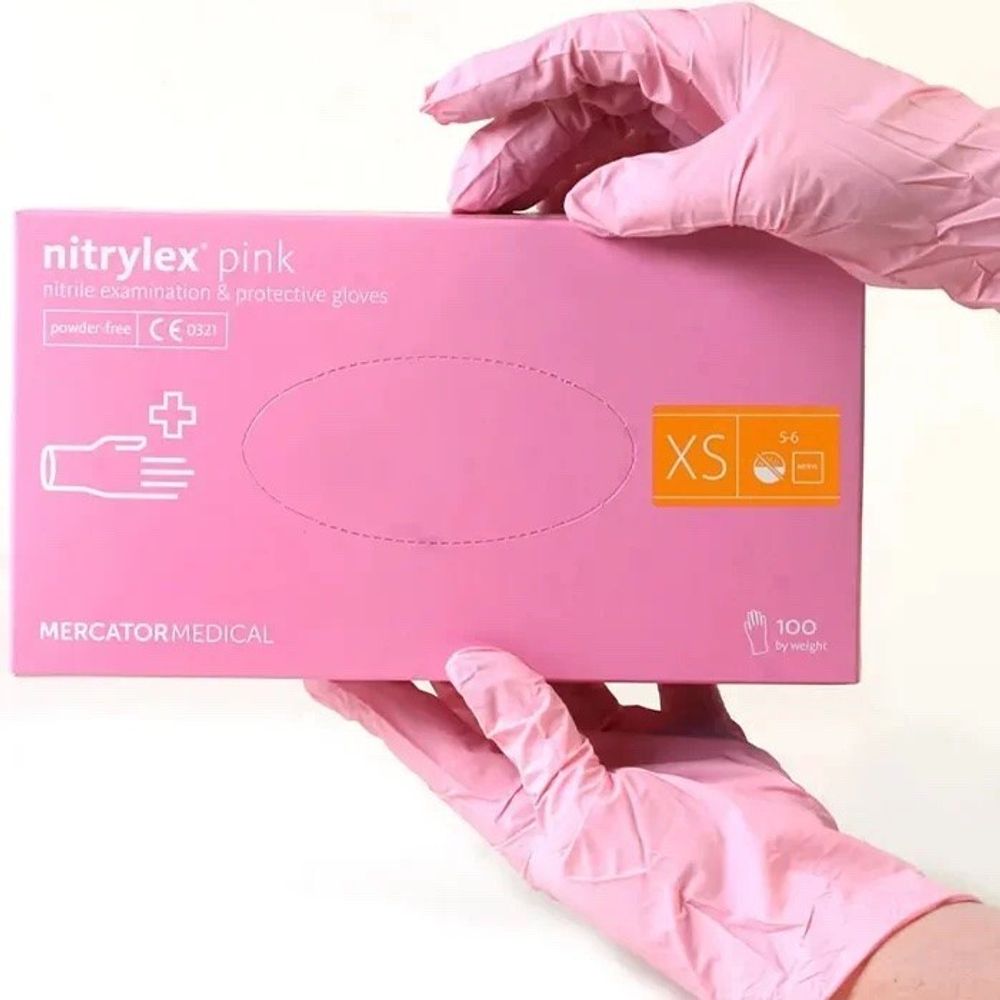 Перчатки нитриловые смотровые Nitrylex PF розовые (50 пар, XS)