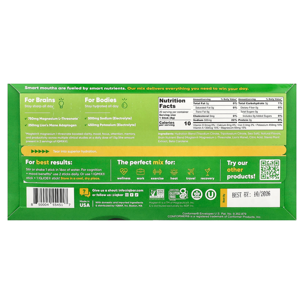 IQBAR, IQMIX®, смесь для увлажнения, чистоты и настроения, лимон и лайм, 20 пакетиков по 8 г (0,28 унции)