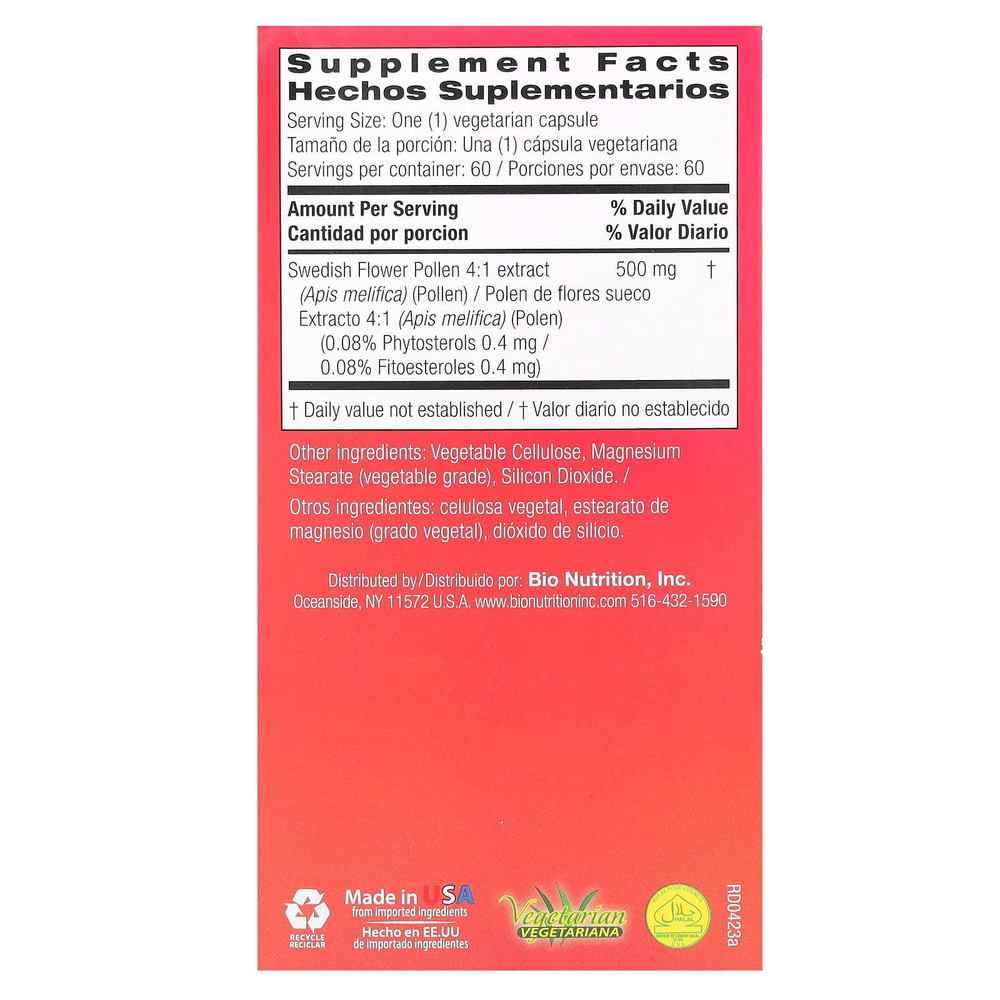 Bio Nutrition, Экстракт шведской цветочной пыльцы, 500 мг, 60 вегетарианских капсул