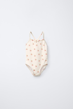 ZARA КУПАЛЬНИК В РУБЧИК С ВИШНЯМИ, ЭКРЮ