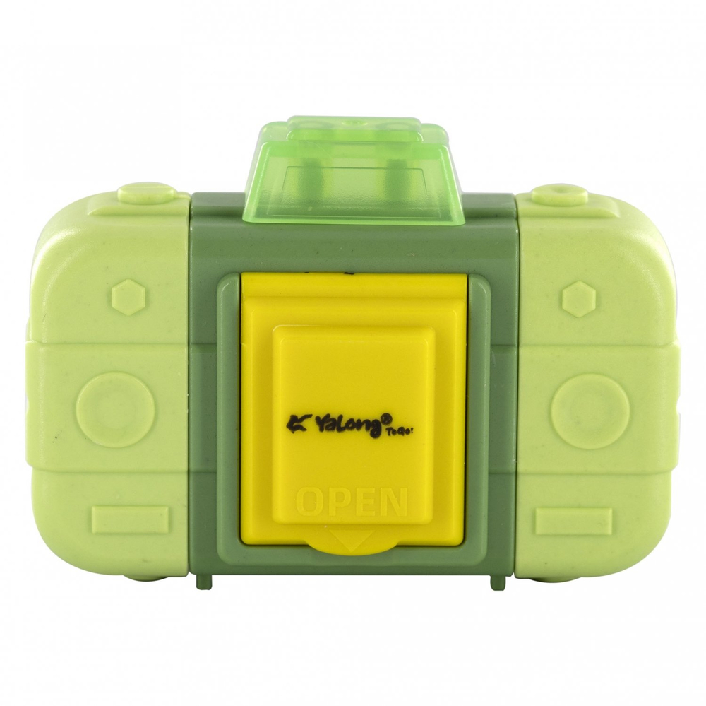 Точилка пластиковая с ластиком-роллером, Yalong, "Фотокамера", 1 отверстие, контейнер, цвета ассорти, в индивид. ПВХ боксах