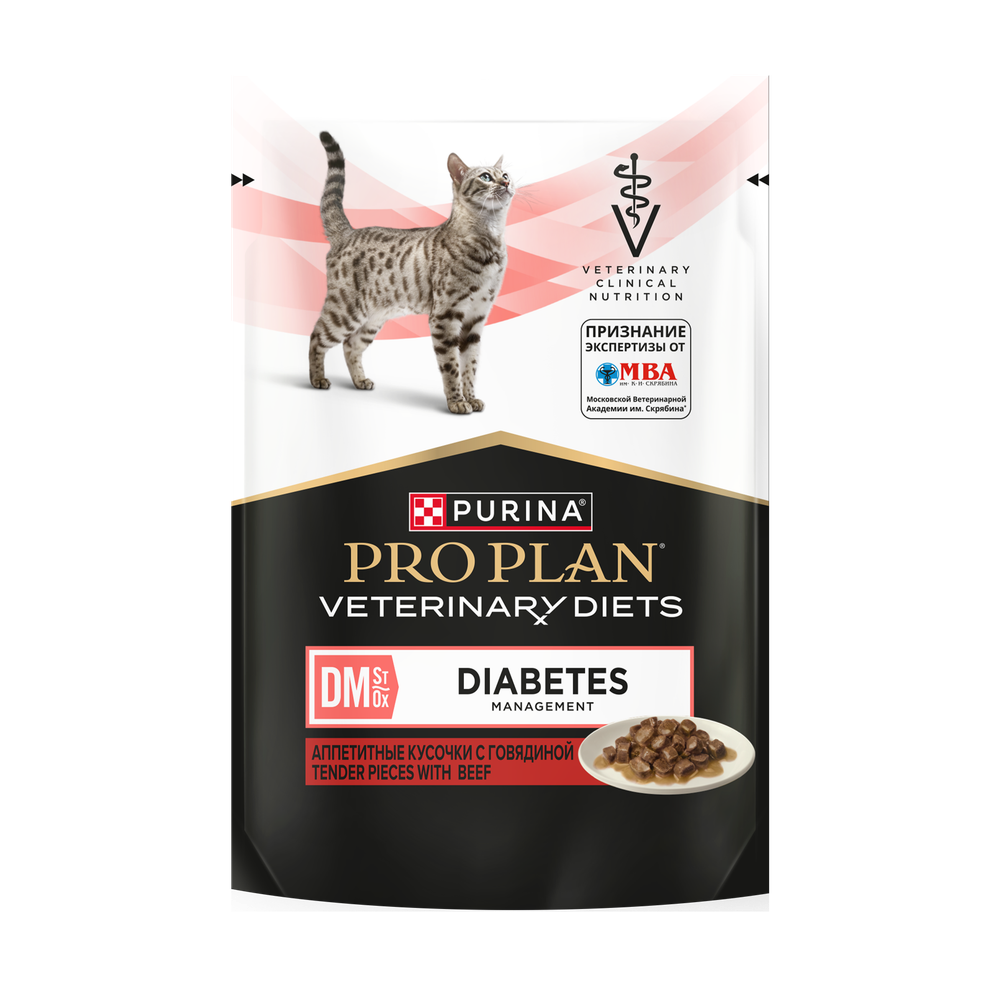 Влажный корм Pro Plan Veterinary Diets DM St/Ox для взрослых кошек с говядиной при диабете, Пауч 85 г