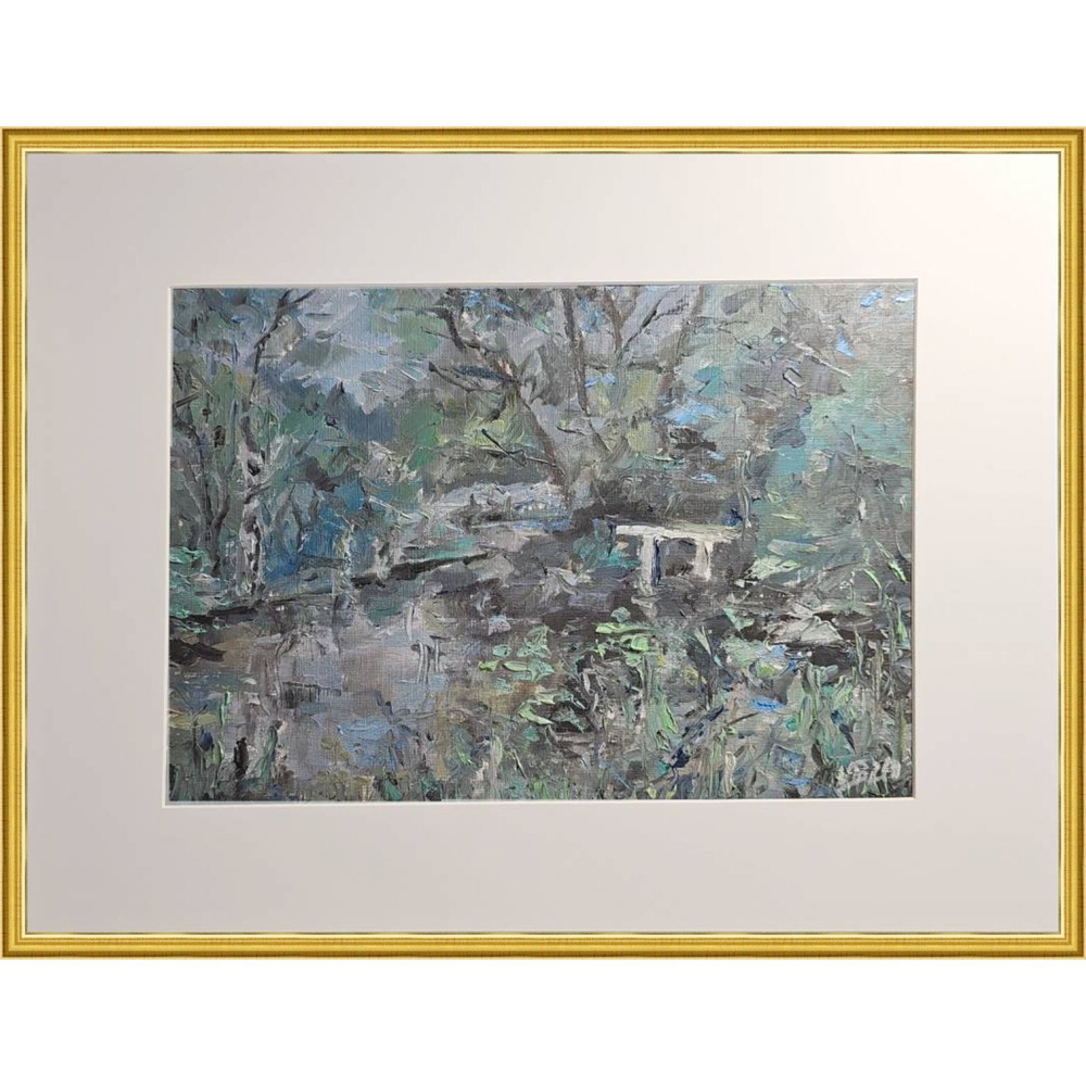 Картина авторская маслом на холсте в паспарту 30х40 см на стену для интерьера "Этюд в голубых тонах"