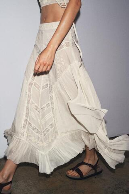 ZARA ЮБКА КОМБИНИРОВАННАЯ С ВЫШИВКОЙ И КРУЖЕВОМ — LIMITED EDITION, ЖЕЛТОВАТО-БЕЛЫЙ