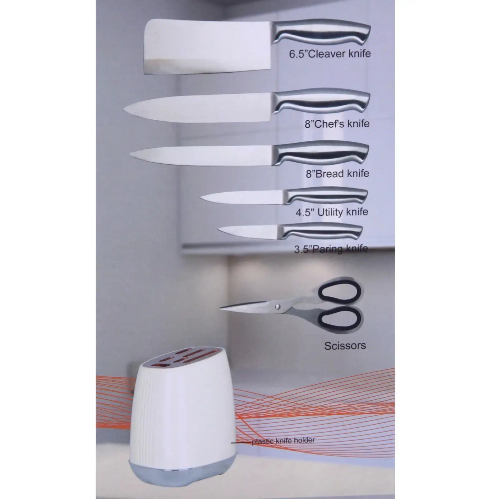 Набор ножей «SHEF» 7предметов (5ножей+ножницы+подставка), молочный