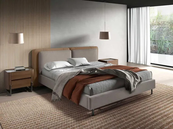 Кровать Angel Cerda 7154 из экокожи цвета норки и серой ткани