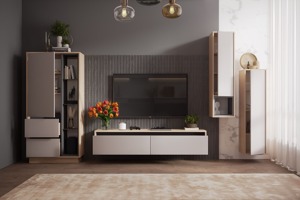 Тумба под телевизор подвесная Туя светлая/Кашемир Рэя 200х32х30 см