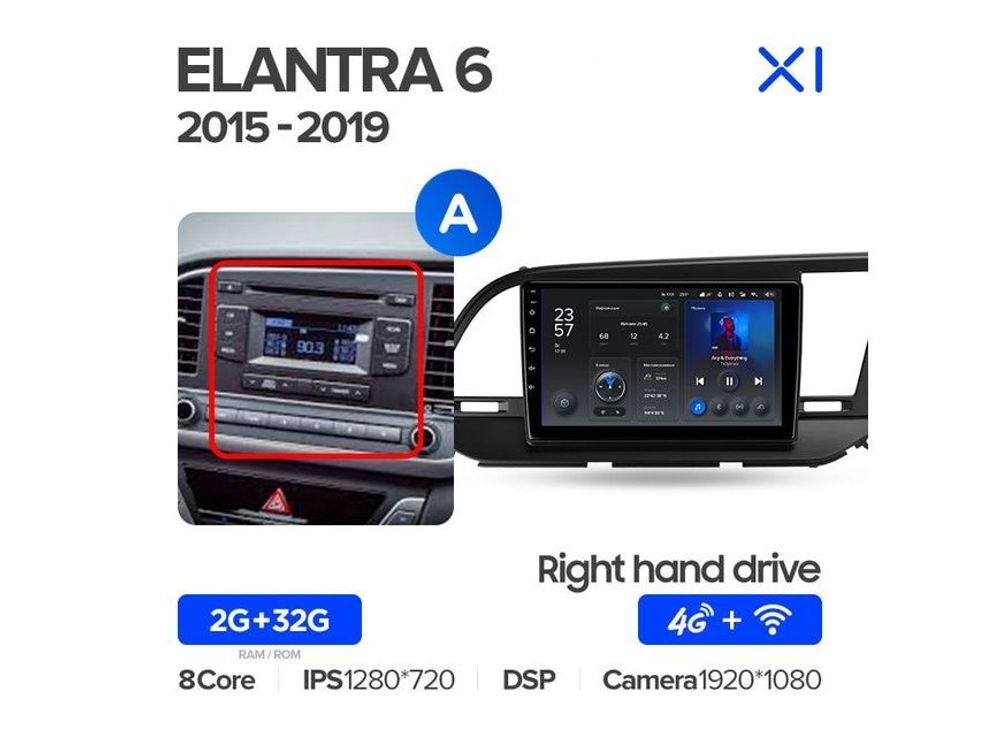 Магнитола Teyes X1 2-32 Wi-Fi + 4G Hyundai Elantra 6 2015 — 2019 (правый руль) 9.0&quot; (A)