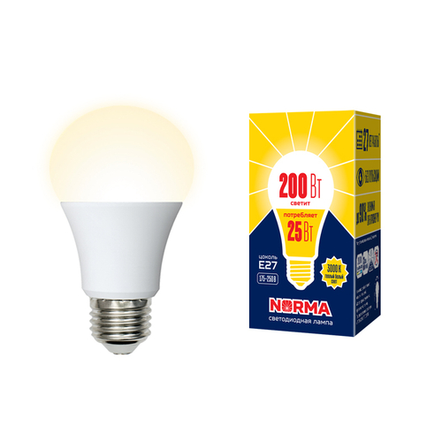LED-A70-25W/3000K/E27/FR/NR Лампа светодиодная. Форма A, матовая. Серия Norma. Теплый белый свет (3000K). Картон. ТМ Volpe
