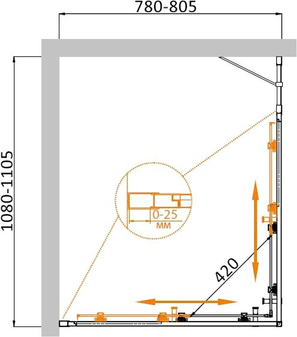 Душевой уголок Cezares MOLVENO-AH-21-80+30-C-Cr-IV, 110х80х195, профиль хром, стекло прозрачное
