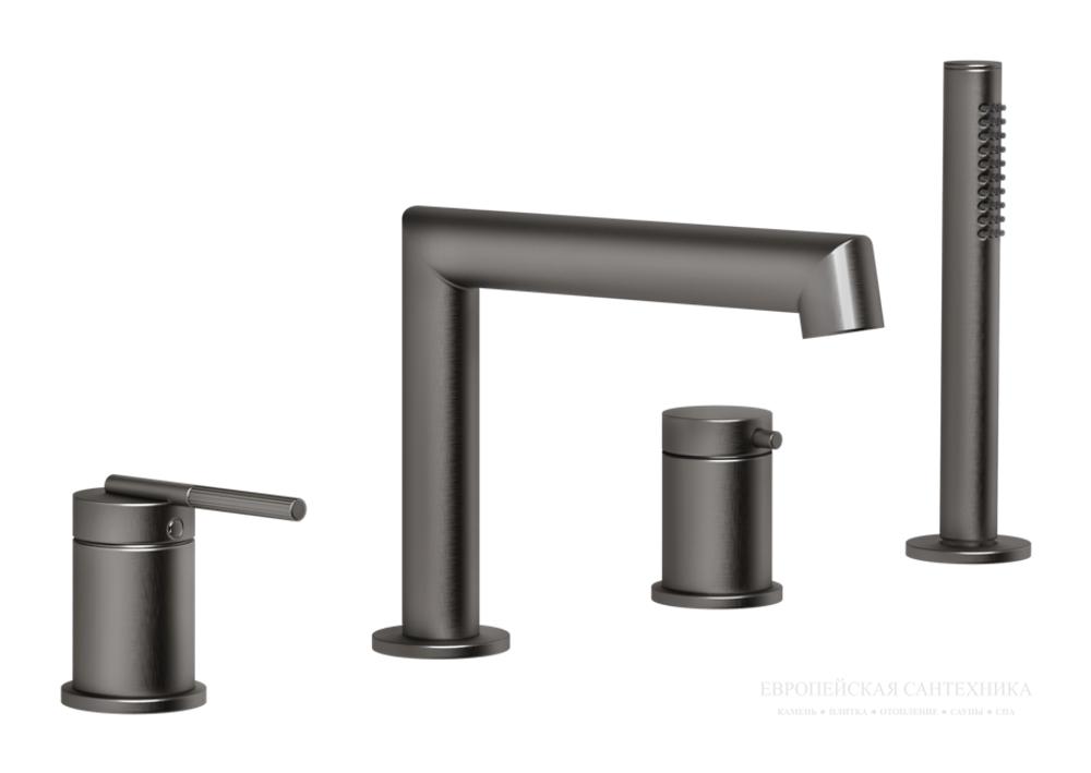 Смеситель для ванны Gessi Ingranaggio, на 4 отверстия, с каскадным изливом, переключатель, шланг, лейка, цвет Black Metal Brushed PVD