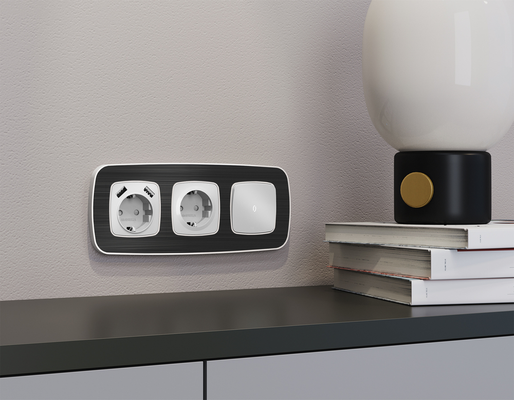 MO409010 Комплект механизма электрической розетки OMEGA Серебро глянец 2USB A+A 18W (быстрая зарядка) с/з QUANT (OP4090, VM155)