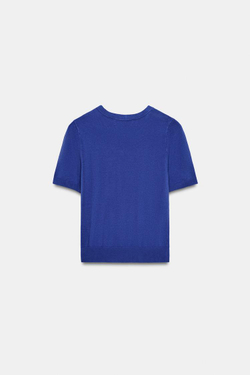 ZARA БАЗОВЫЙ ТРИКОТАЖНЫЙ СВИТЕР С КОРОТКИМИ РУКАВАМИ, СИНИЙ