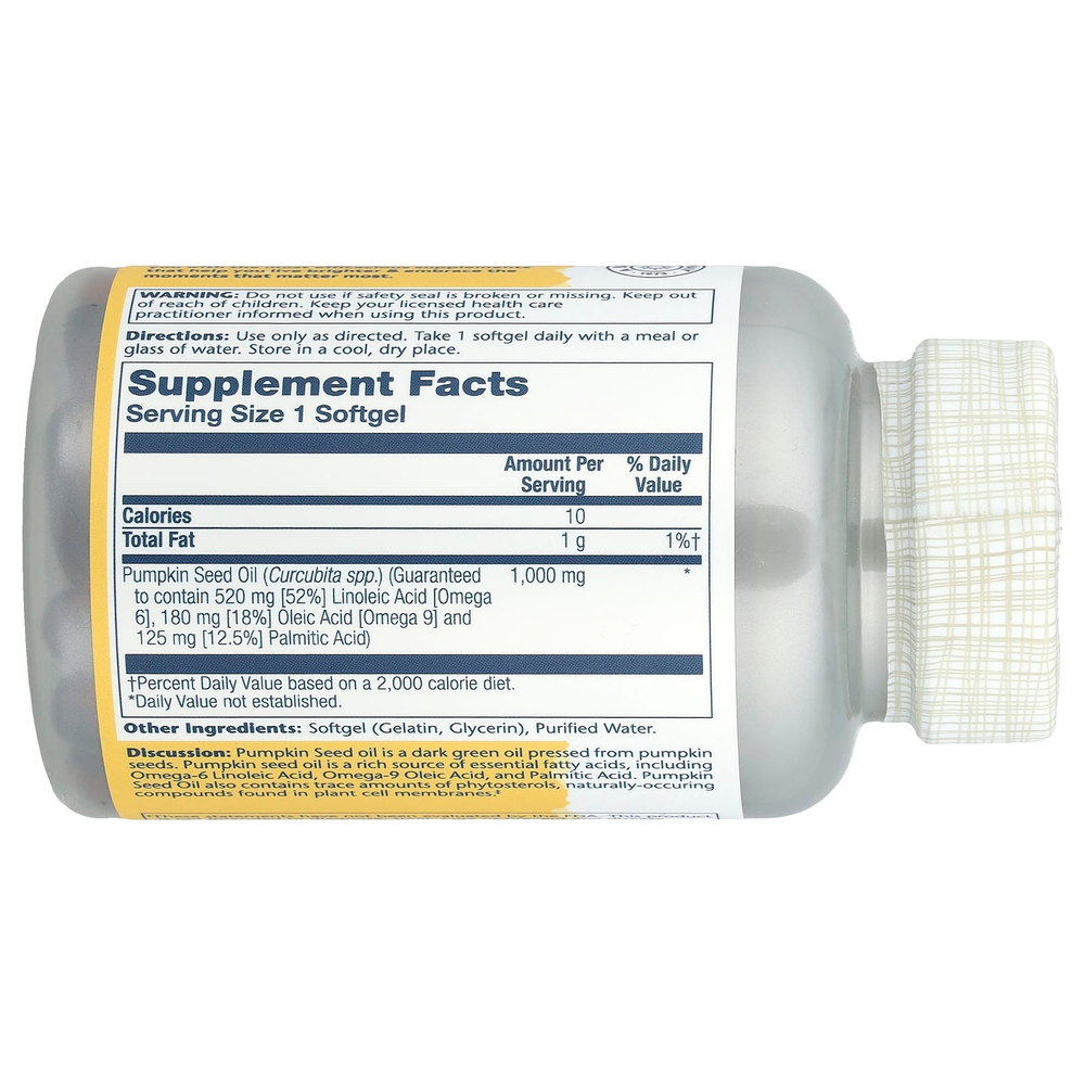Solaray, тыквенное масло, 1000 мг, 90 капсул