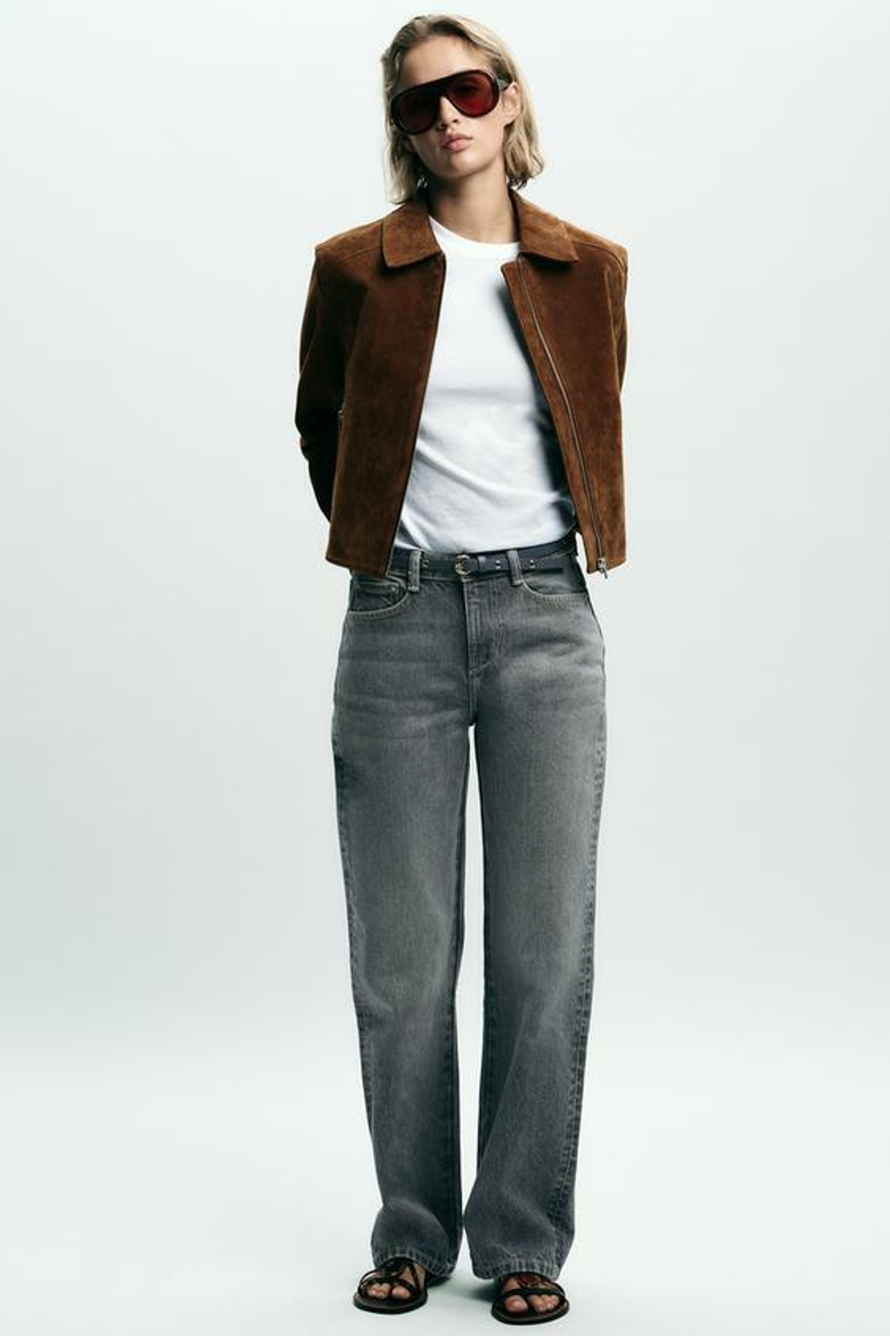 ZARA ДЖИНСЫ Z1975 REGULAR FIT С ВЫСОКОЙ ПОСАДКОЙ И РЕМНЕМ, СЕРЫЙ