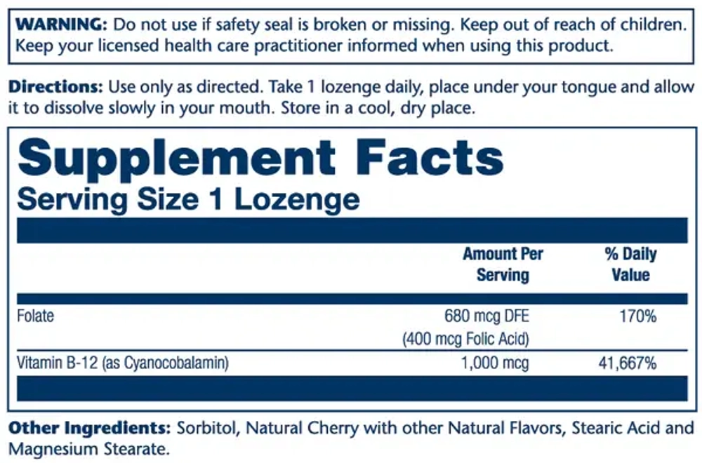 Vitamin B-12 1000mcg with Folic Acid 90 lozenges Solaray