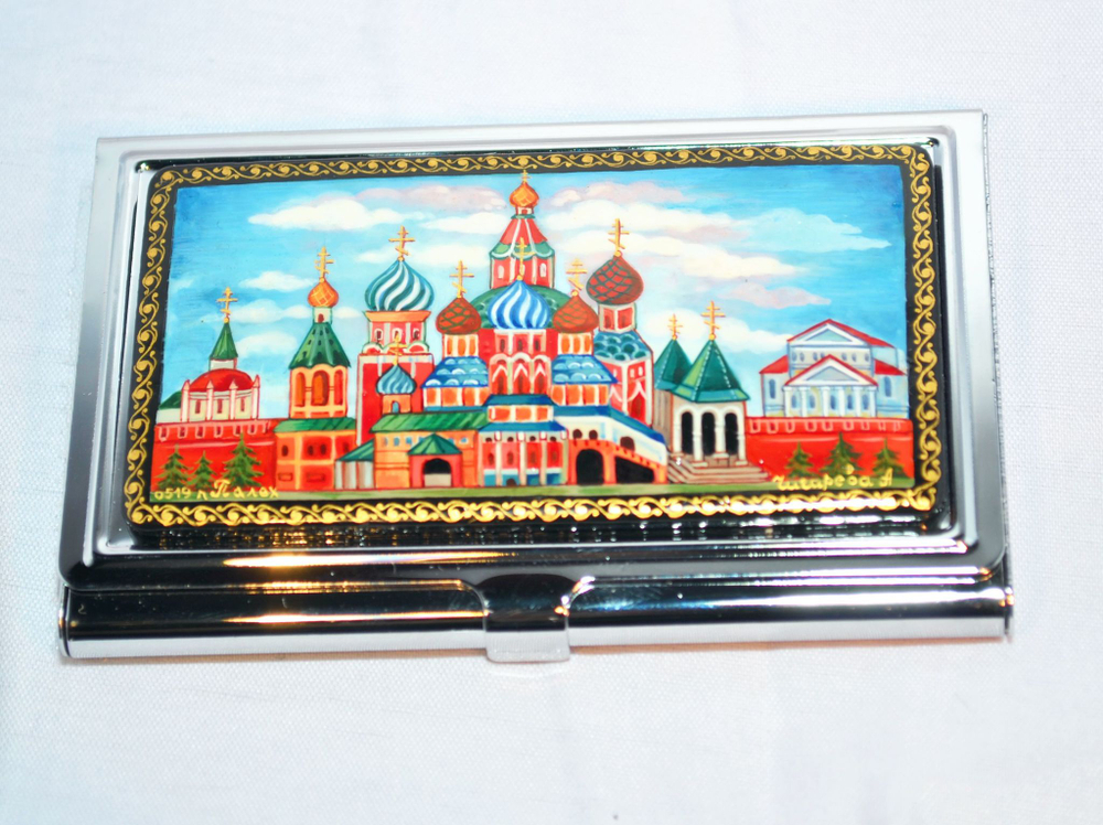 Визитница металлическая персональная  "Собор" №0519 (с росписью Палех) худ. А. Чигарева