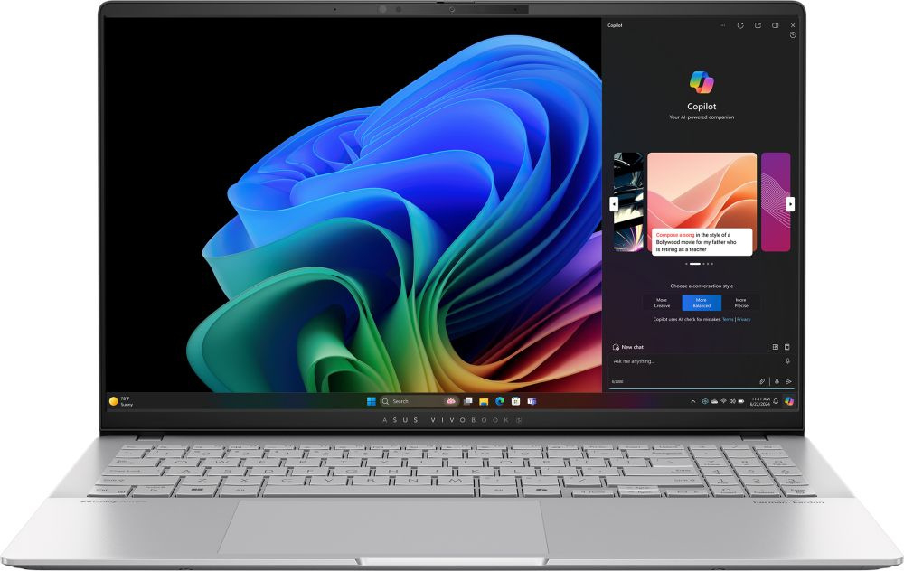 Ноутбук ASUS Vivobook S S5507QA-MA052W, 15.6" (2880x1620) OLED 120 Гц/Qualcomm Snapdragon X Elite X1E 78 100/32 ГБ LPDDR5X/1024 ГБ SSD/Windows 11 Home, Серебристый (90NB14Q2-M00630)
