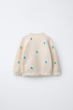 ZARA КАРДИГАН С ВЫШИВКОЙ В ВИДЕ ЦВЕТОВ И КРУЖЕВОМ, ЭКРЮ