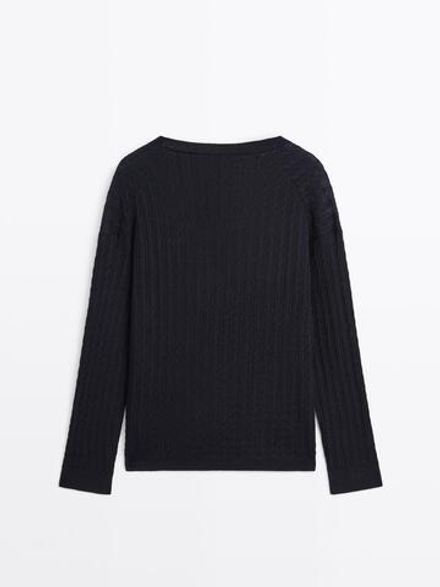 Massimo Dutti Свитер косовой вязки с V-образным вырезом, темно-синий