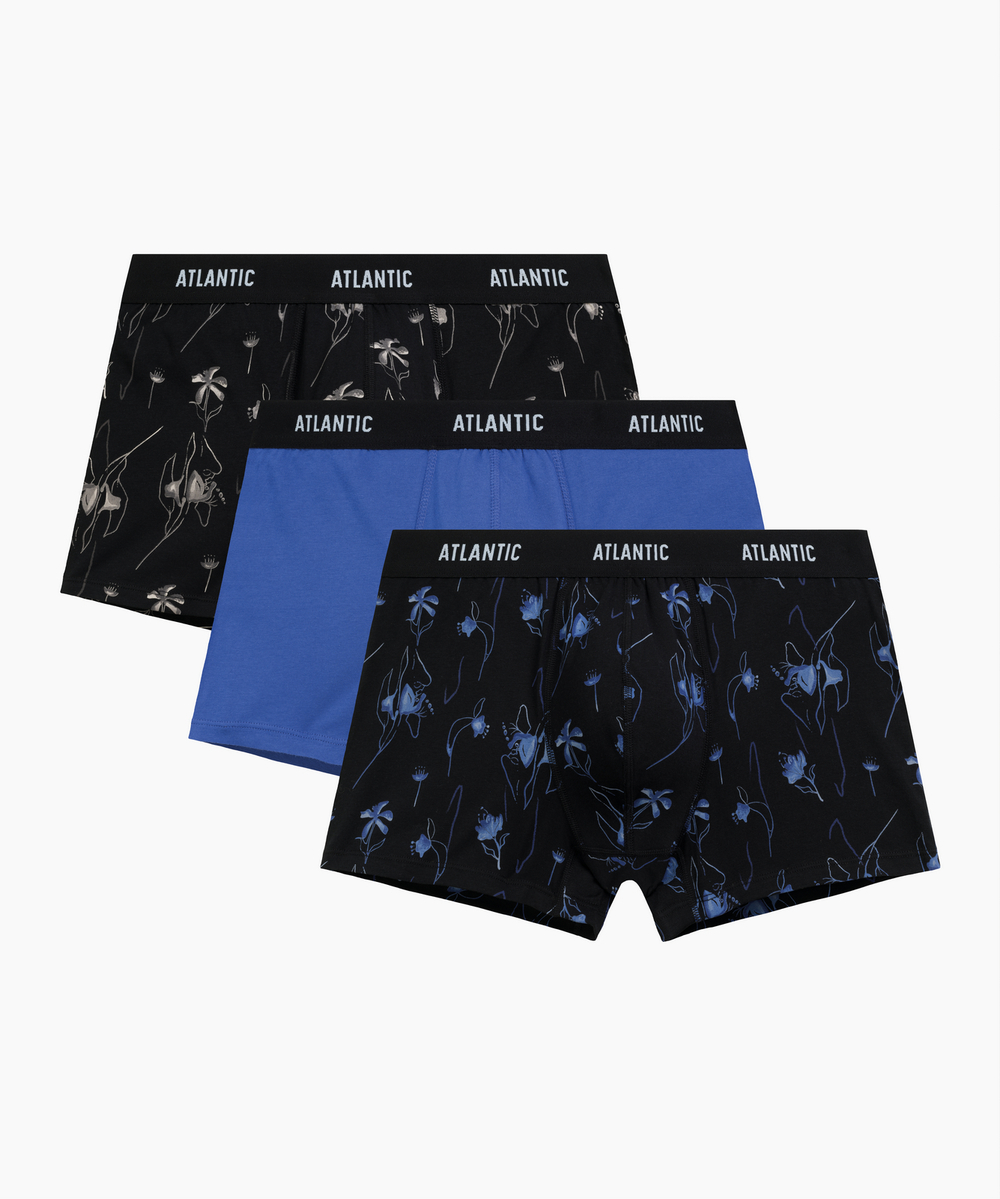Мужские трусы шорты Atlantic, набор из 3 шт., хлопок, черные + голубые + черные, 3MH-229