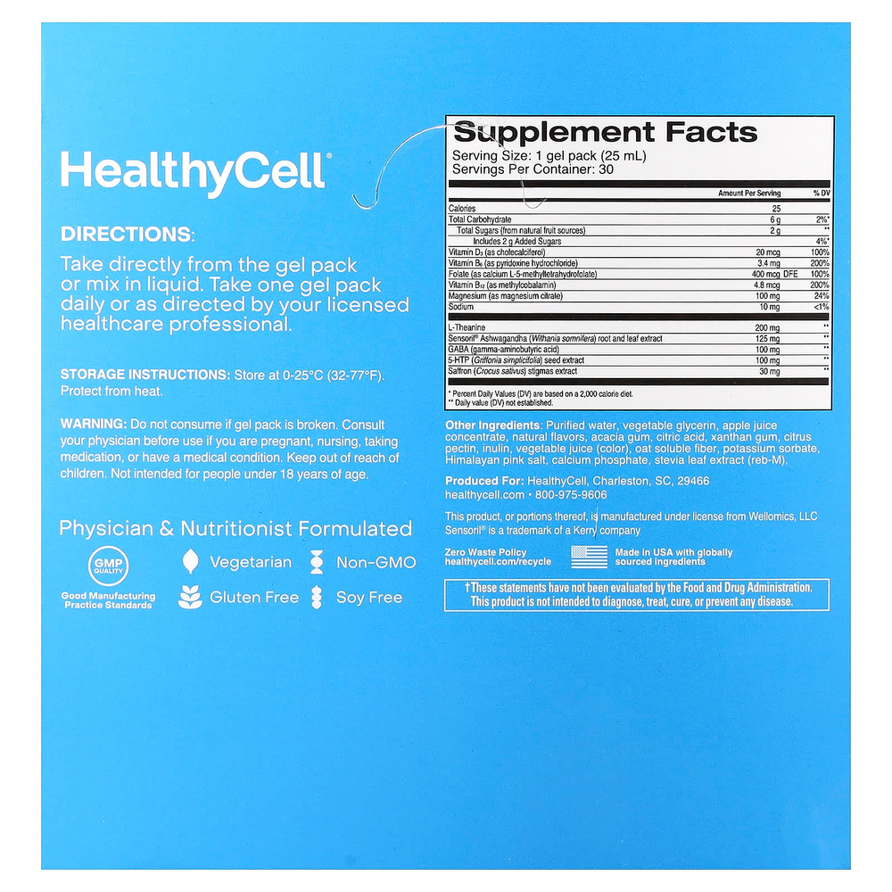 HealthyCell, Calm Mood, гель с ягодным вкусом и лимоном, 30 пакетиков по 25 мл (0,84 жидк. унции)