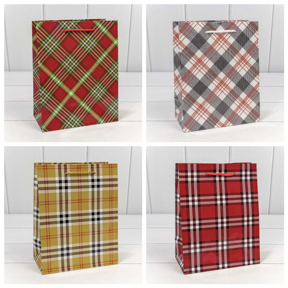 Пакет бумажный 18*23*10см с ручками "Клетки и полоски" микс