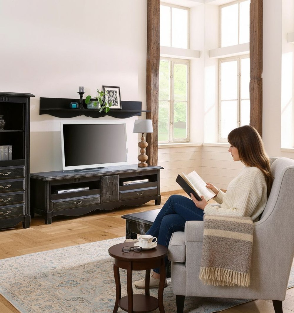 Тумба под телевизор 180х49х56, Эден, в премиальном исполнении, под ТВ, массив сосны, цвет состаренный черный, MAKOSA