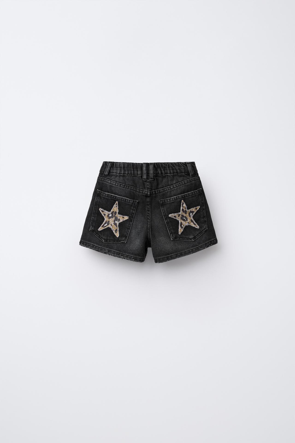 ZARA ДЖИНСОВЫЕ ШОРТЫ С АНИМАЛИСТИЧЕСКИМ ПРИНТОМ И НАШИВКАМИ «ЗВЕЗДЫ», ЧЕРНЫЙ
