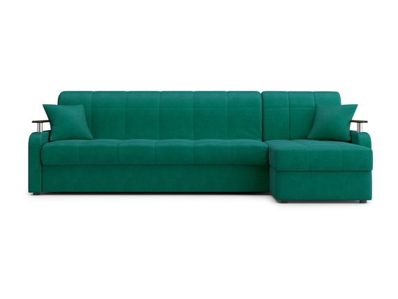 Диван угловой с оттоманкой Денвер 1,4 - Velutto 33 изумрудный/ коричневая накладка