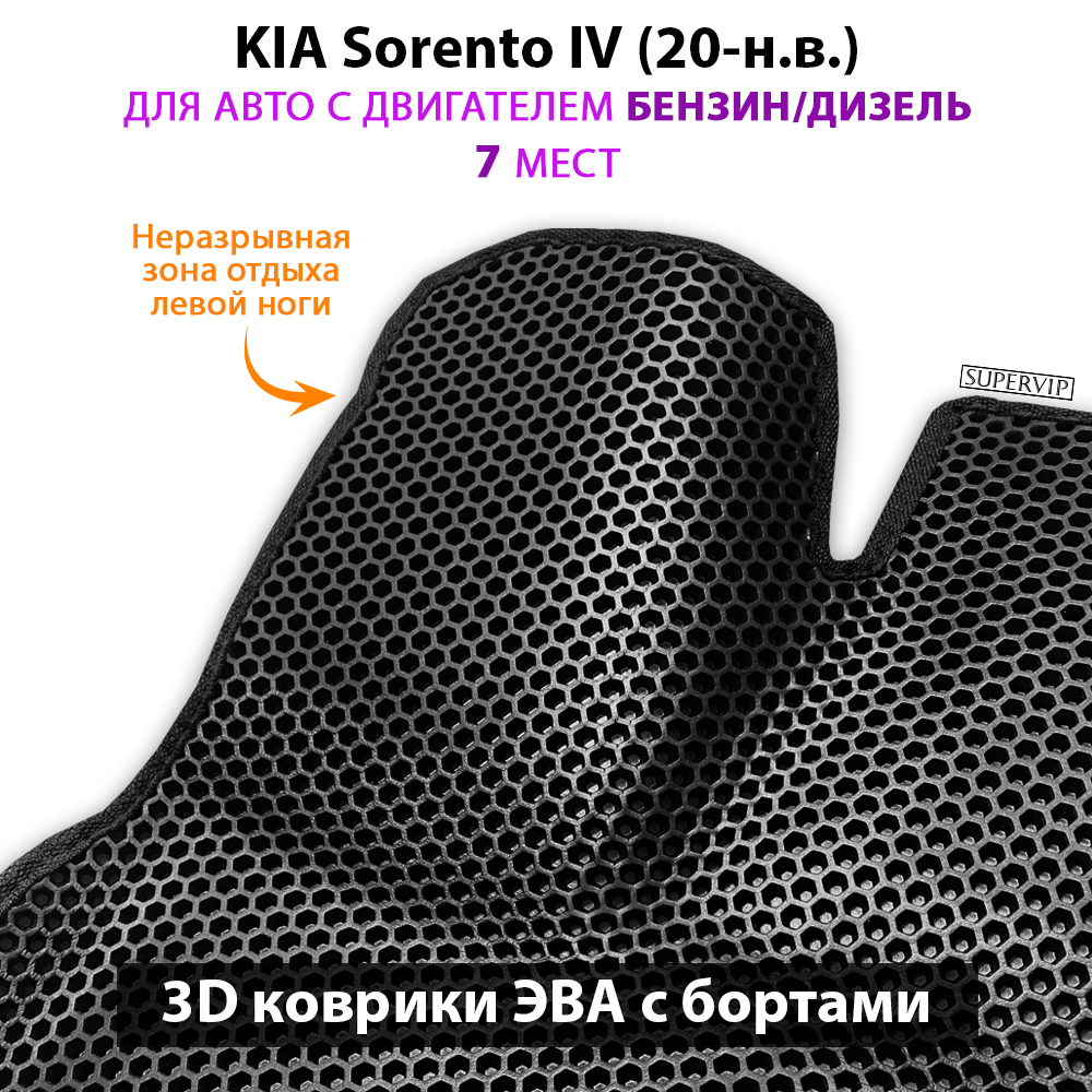 Автомобильные коврики ЭВА с бортами для 3-х рядов KIA Sorento IV (20-н.в.) бензин / дизель, для 7-ми местного авто
